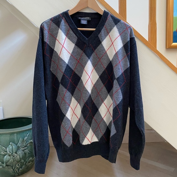 HATHAWAY PLATINUM MEN’S 100% CASHMERE PULLOVER SWEATER ARGYLE V-NECK SIZE L - Picture 3 of 16